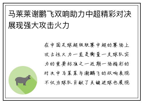 马莱莱谢鹏飞双响助力中超精彩对决展现强大攻击火力