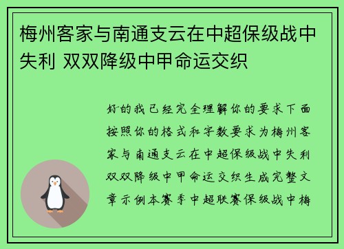 梅州客家与南通支云在中超保级战中失利 双双降级中甲命运交织 梅州客家与南通支云在中超保级战中失利 双双降级中甲命运交织